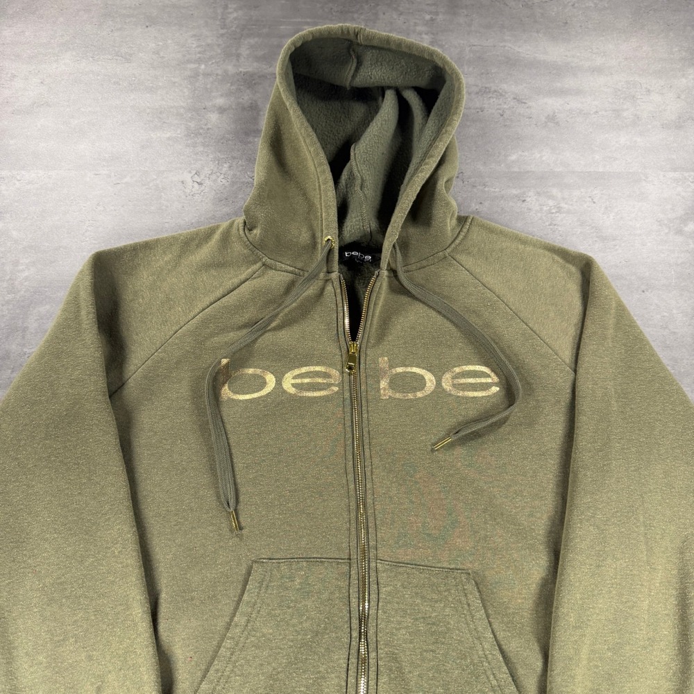 Bebe Sport Zip Up Hoodie‎ Womens 2XL XXL Gold Athletic Casual Army Olive Green